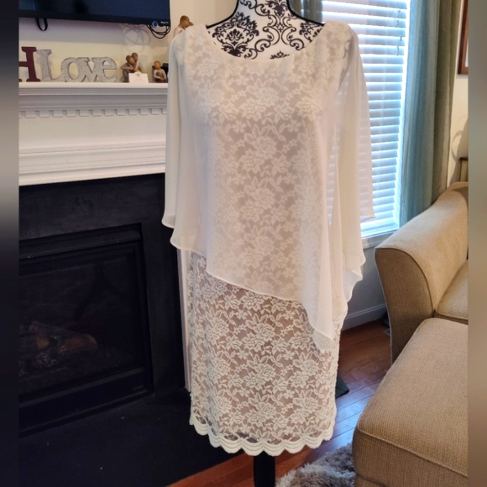 Connected Apparel Lace Dress with Overlay White Neutral